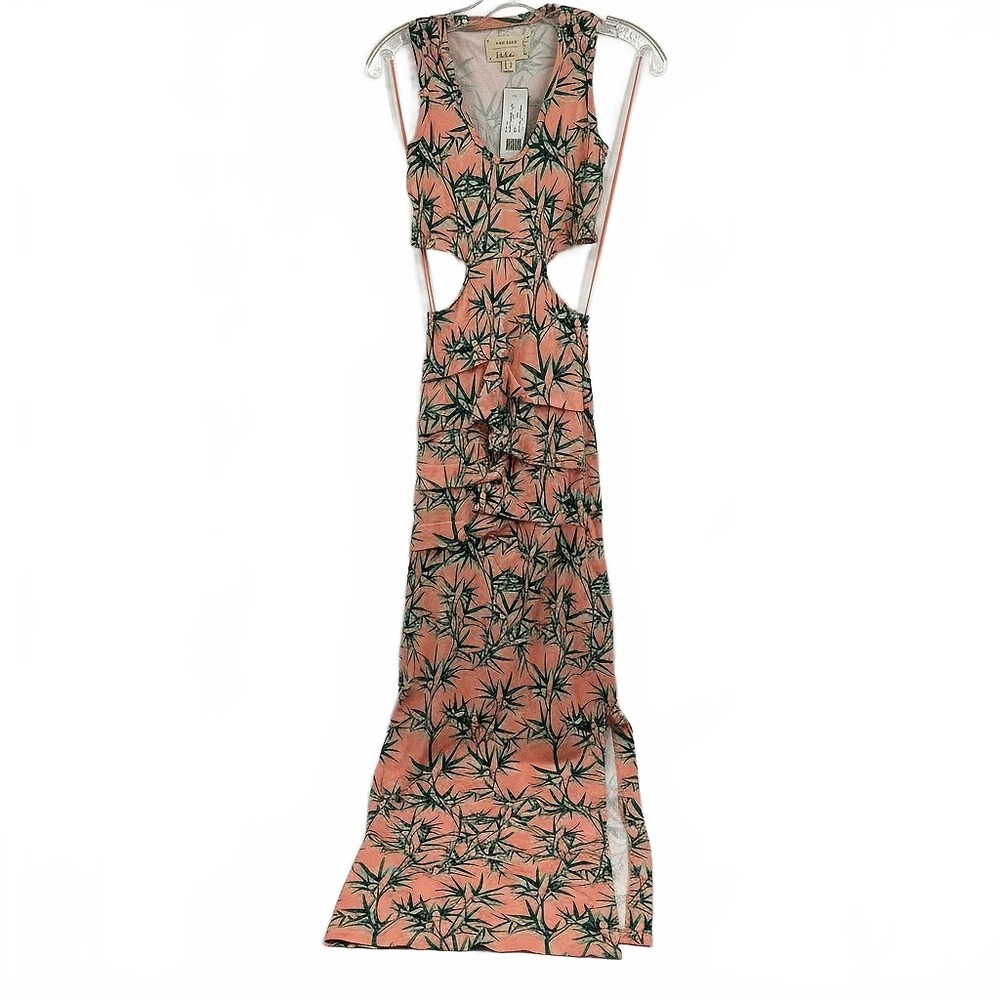 Nicole Miller Pink Green Maxi Dress Cut-Out Tropical Print | Womens S